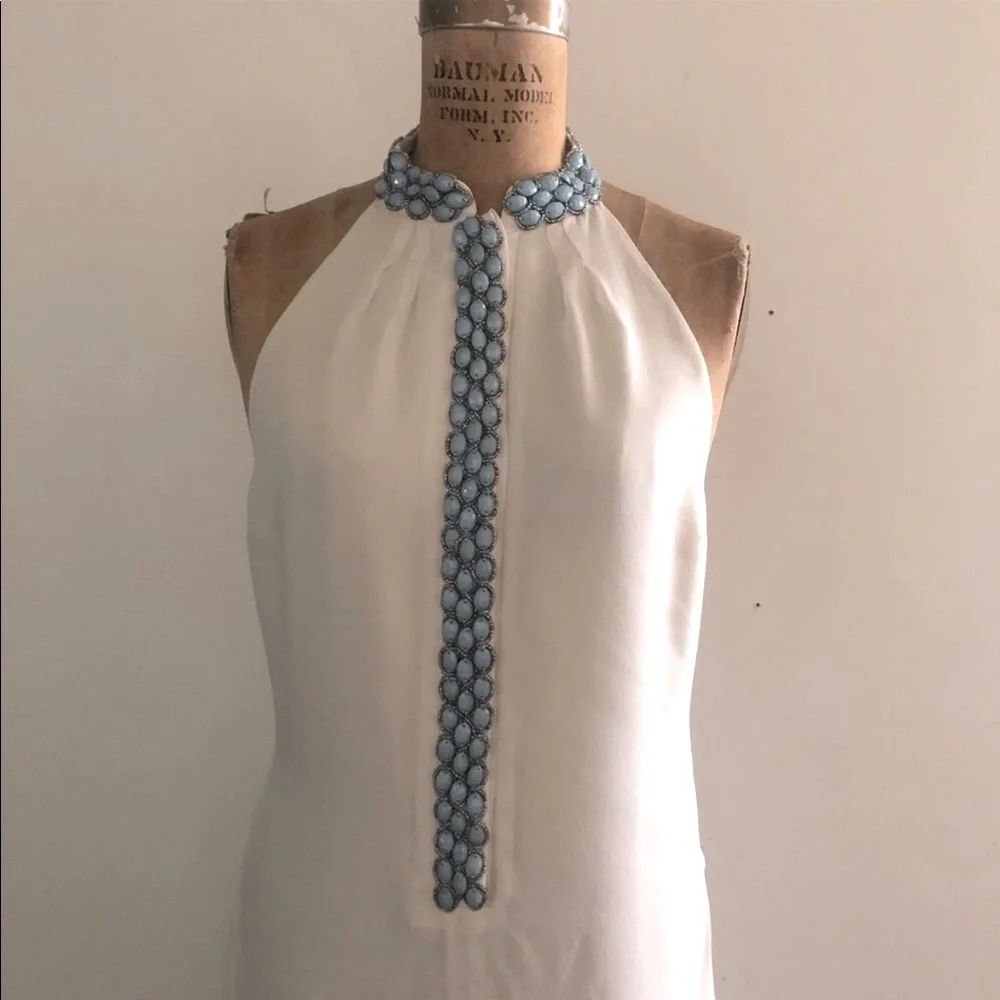 J.DOSI]Turquoise Embellishment Cream Silk Crepe Halter neck Backless Dress - Picture 9 of 16